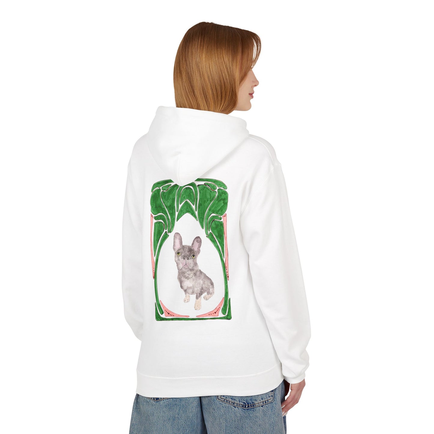 French Bulldog Art Hoodie — Watercolor  with Green Frame Back Print