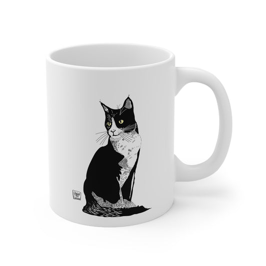 Black Cat Illustration Coffee Mug — Black & White Tuxedo Cat Ceramic Mug (11oz, 15oz)
