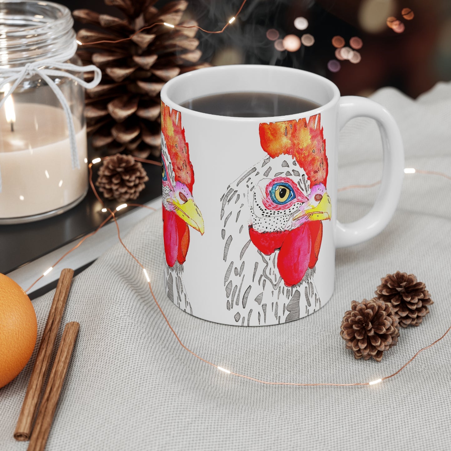 Artistic Chicken Mug - 11oz White Coffee Cup with Colorful Hen Design