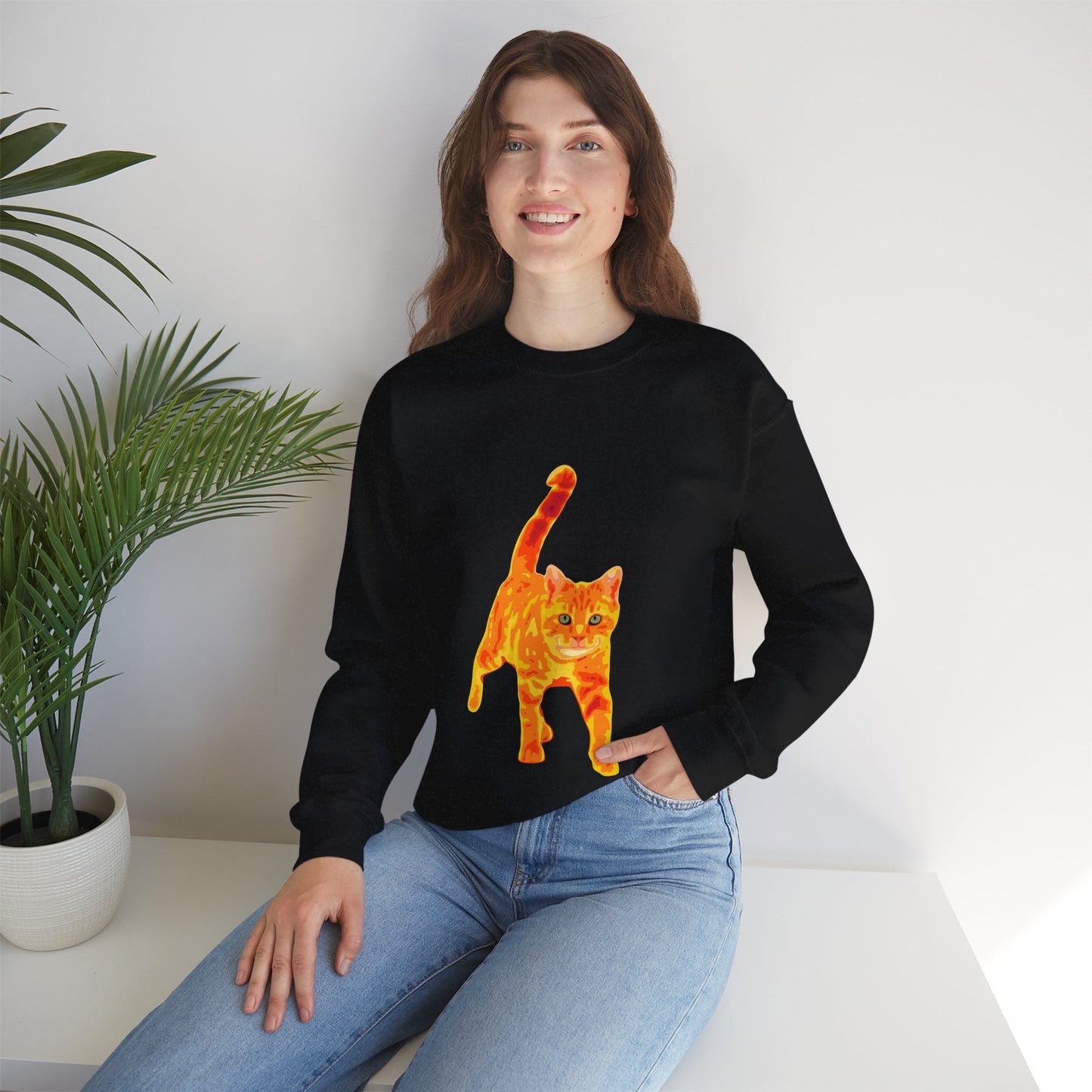 Cat Crewneck Sweatshirt — Orange Tabby Walking Graphic