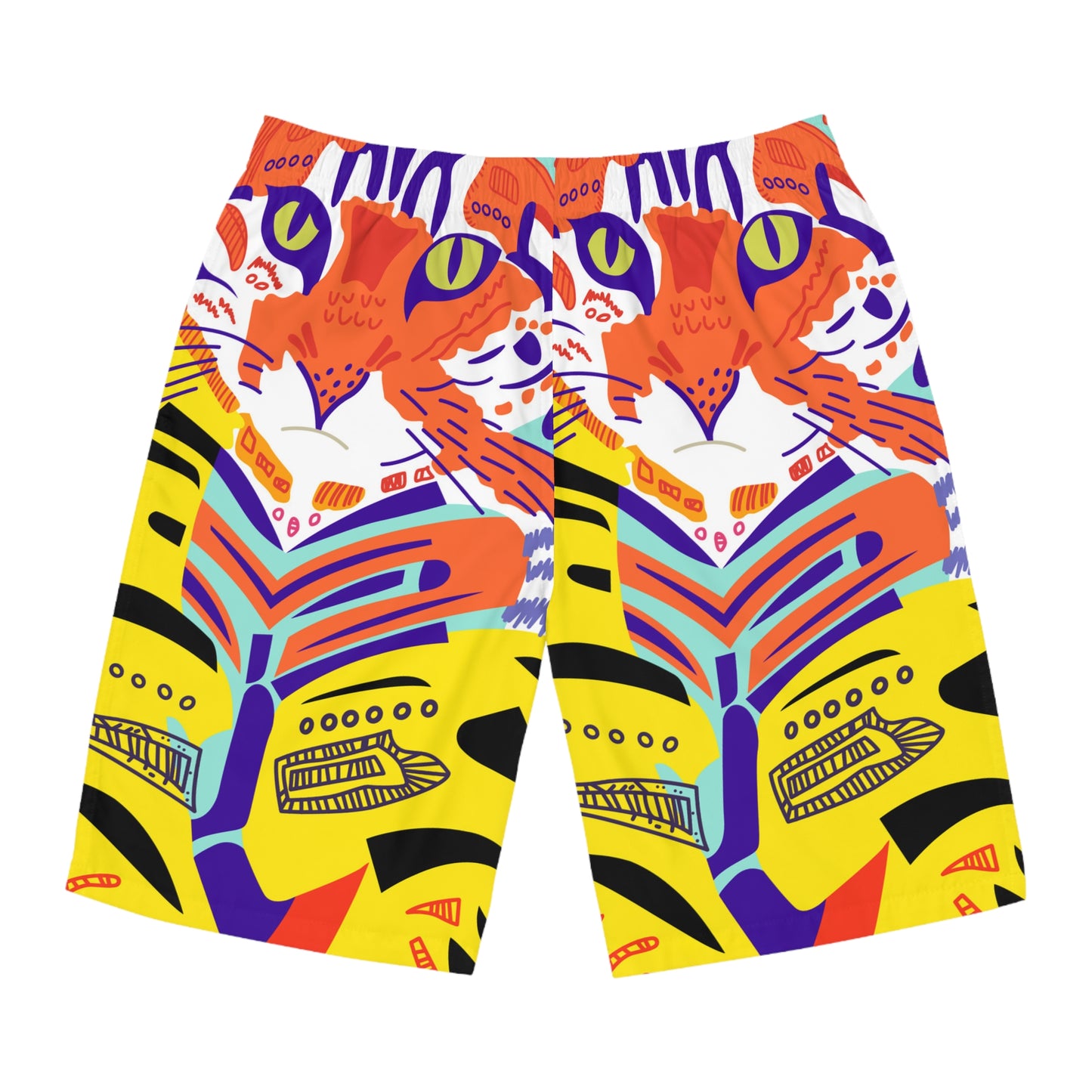 Bold Cat Face Board Shorts — Colorful Tropical Surf Trunks
