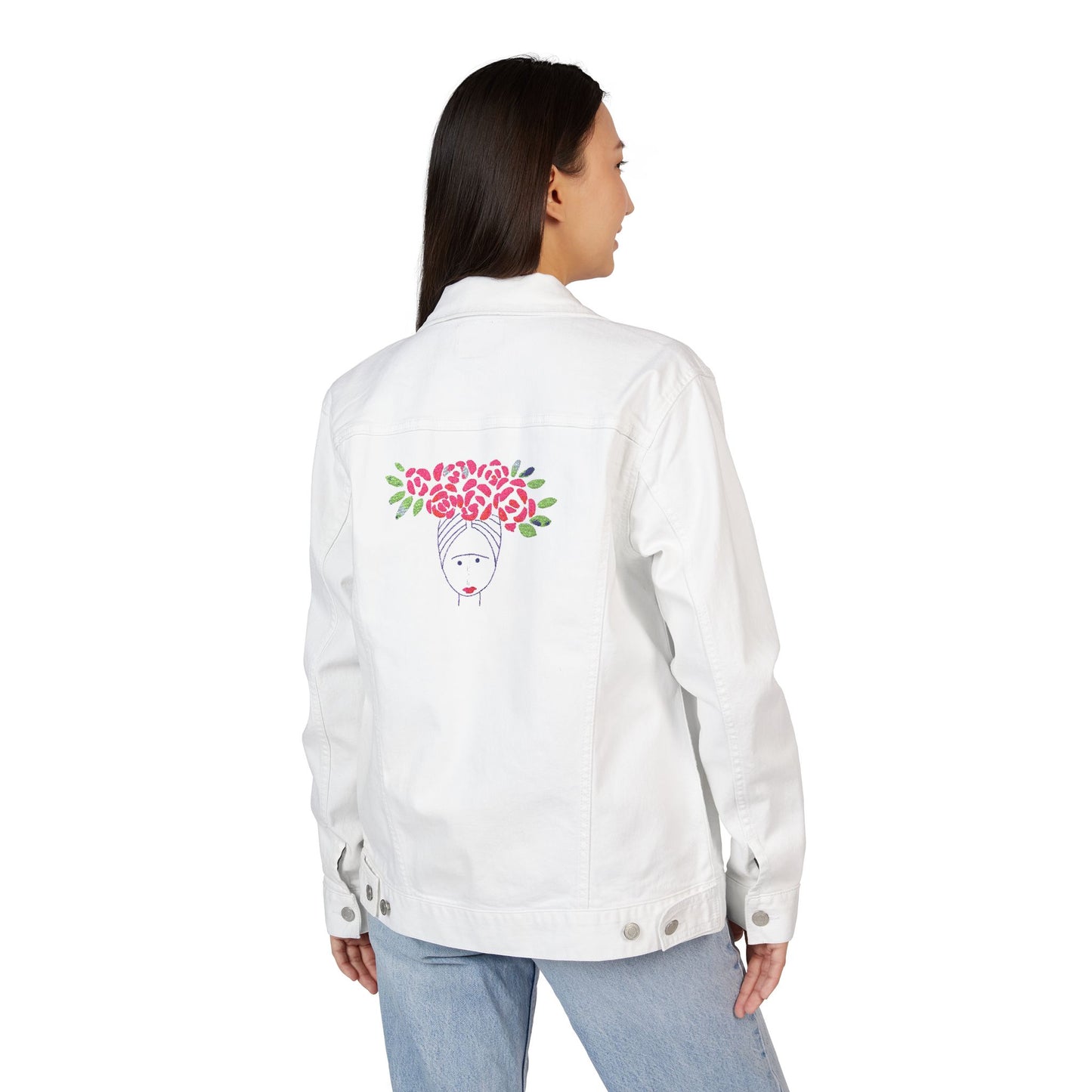 Fridinha kahlo White Embroidered Denim Jacket, Casual Outerwear, Floral Design, Gift for Her, Trendy Fashion Statement, Summer Style