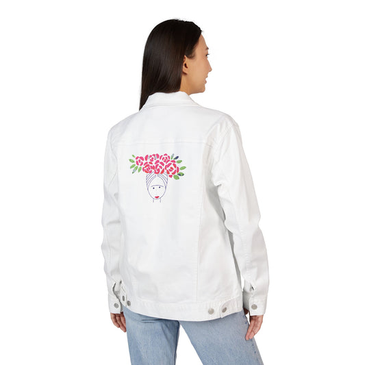Fridinha kahlo White Embroidered Denim Jacket, Casual Outerwear, Floral Design, Gift for Her, Trendy Fashion Statement, Summer Style