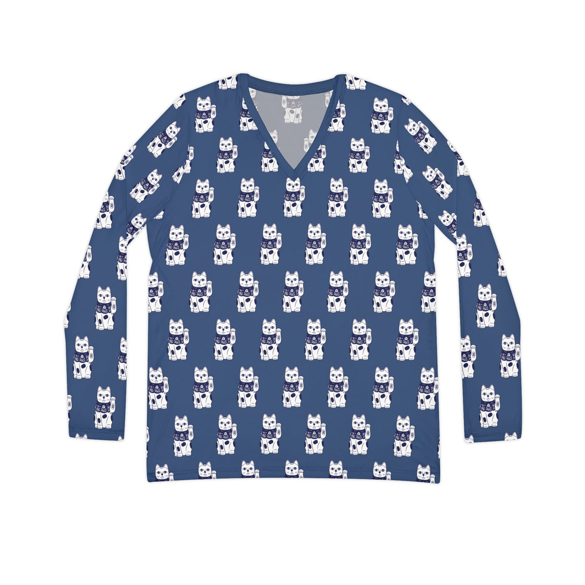Luck Cat Women's Long Sleeve V-neck Shirt (AOP)