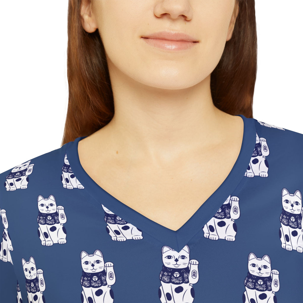 Luck Cat Women's Long Sleeve V-neck Shirt (AOP)