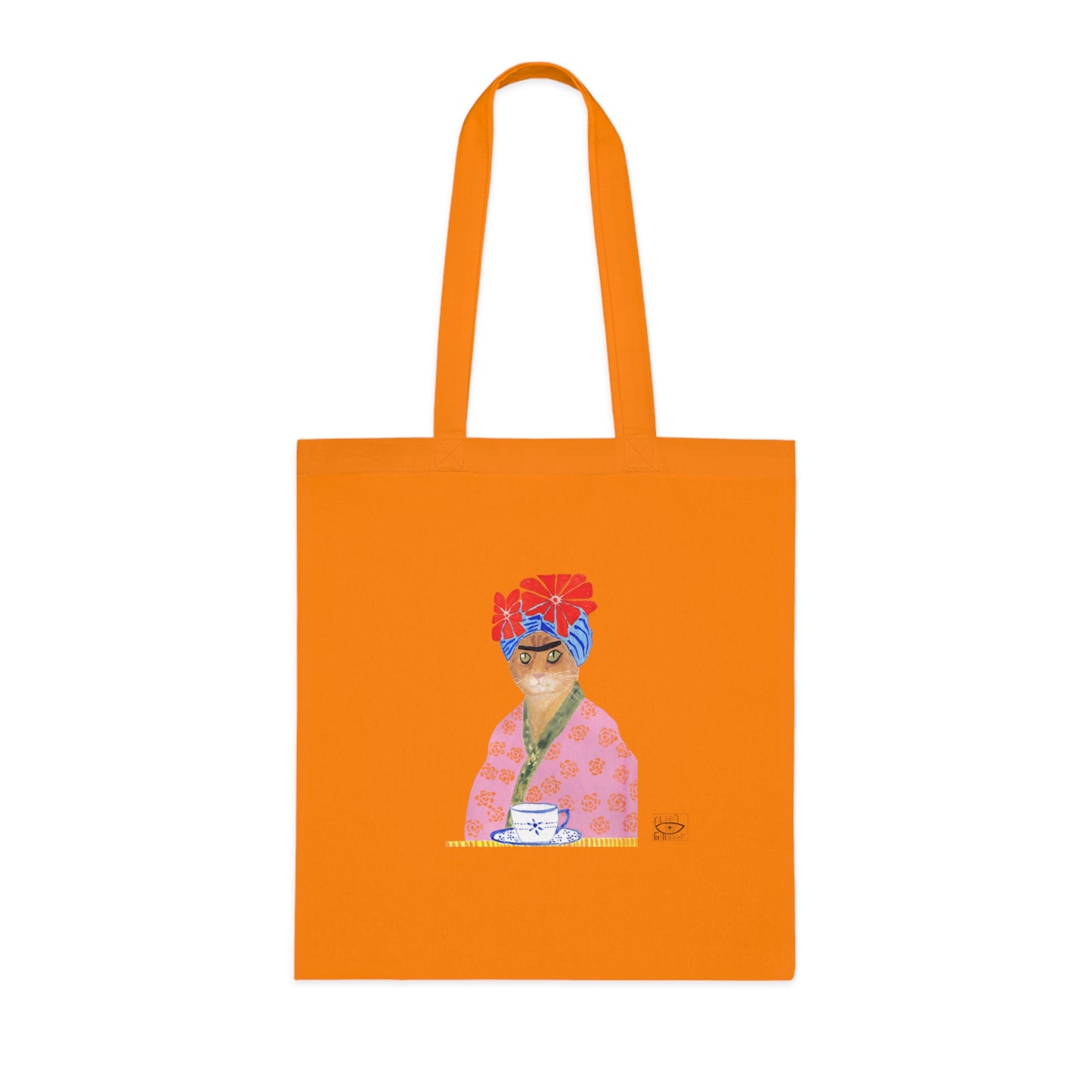 Frida Cat Cotton Tote Bag with Illustrated Woman Design