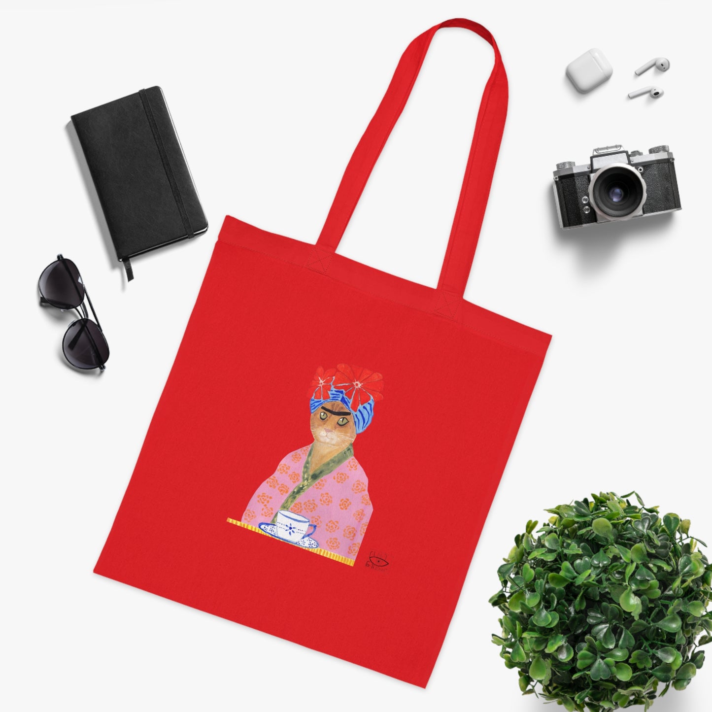 Frida Cat Cotton Tote Bag with Illustrated Woman Design