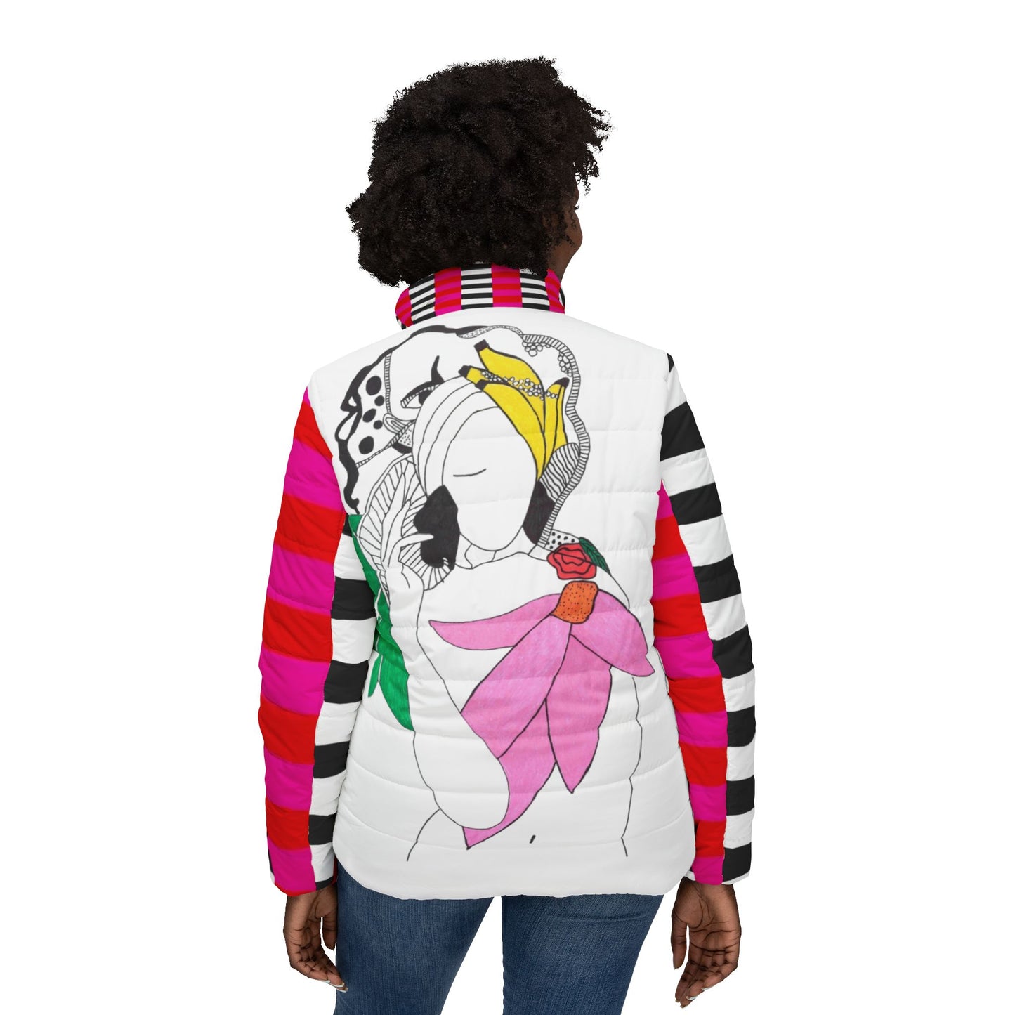 Women’s Puffer Jacket — Tropicalia Art Illustration, Bold Striped Sleeves