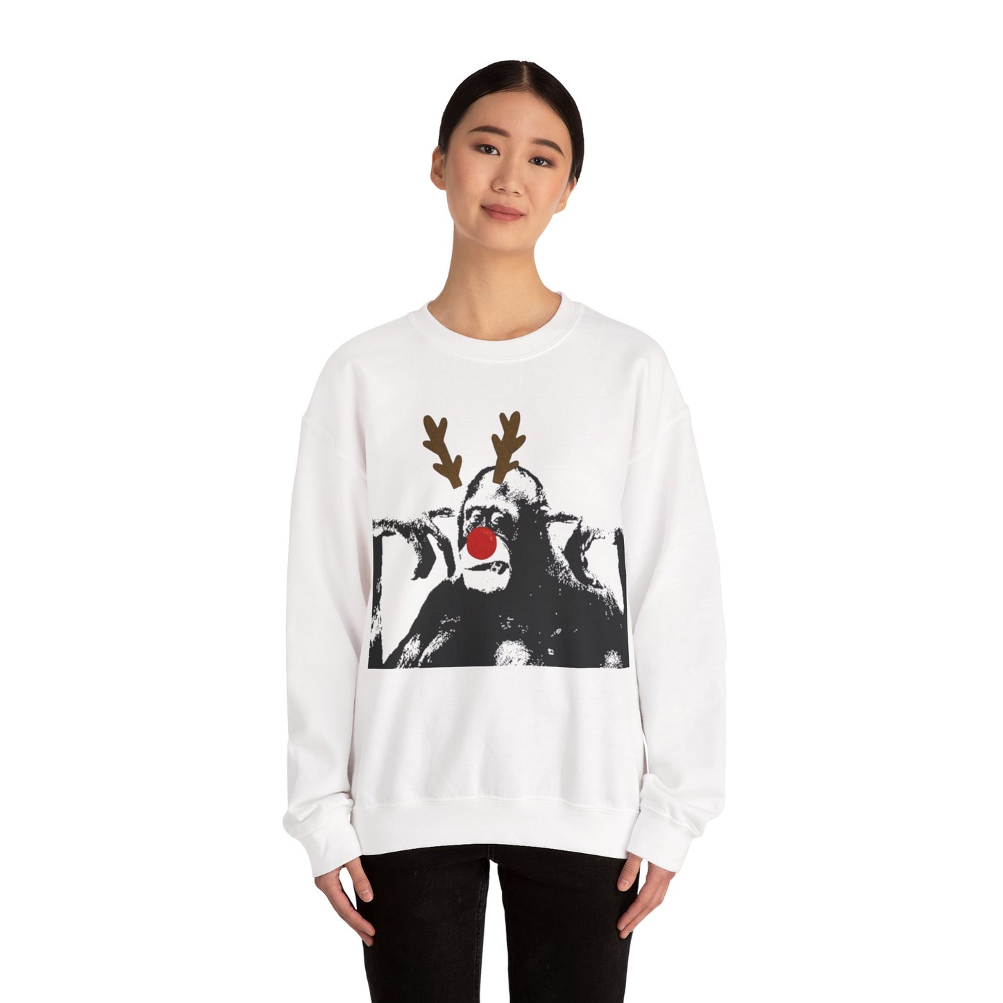 funny monkey Crewneck Sweatshirt with Reindeer Design, Cozy Holiday Apparel, Unisex Christmas Gift, Winter Wear, Novelty Sweatshirt