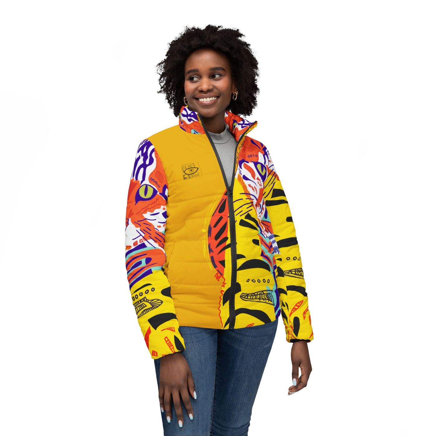 Be Strong Women's Puffer Jacket - Bold Yellow Tiger Design