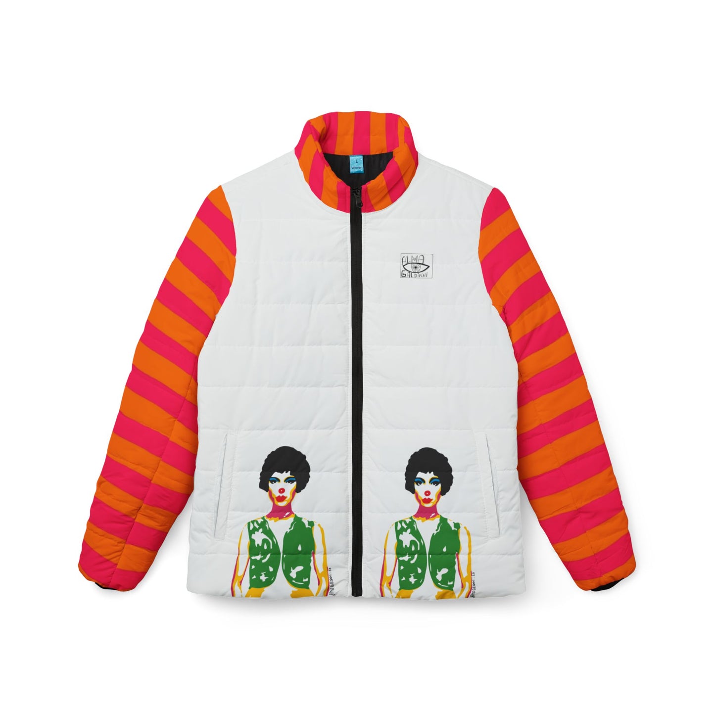 Retro Pop Art clown Puffer Jacket — Colorful Striped Sleeves with Bold Female Portrait
