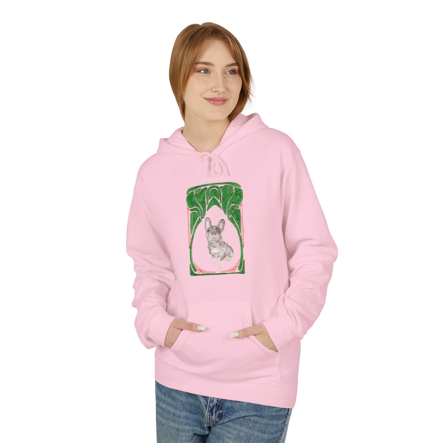 French Bulldog Art Hoodie — Watercolor  with Green Frame Back Print