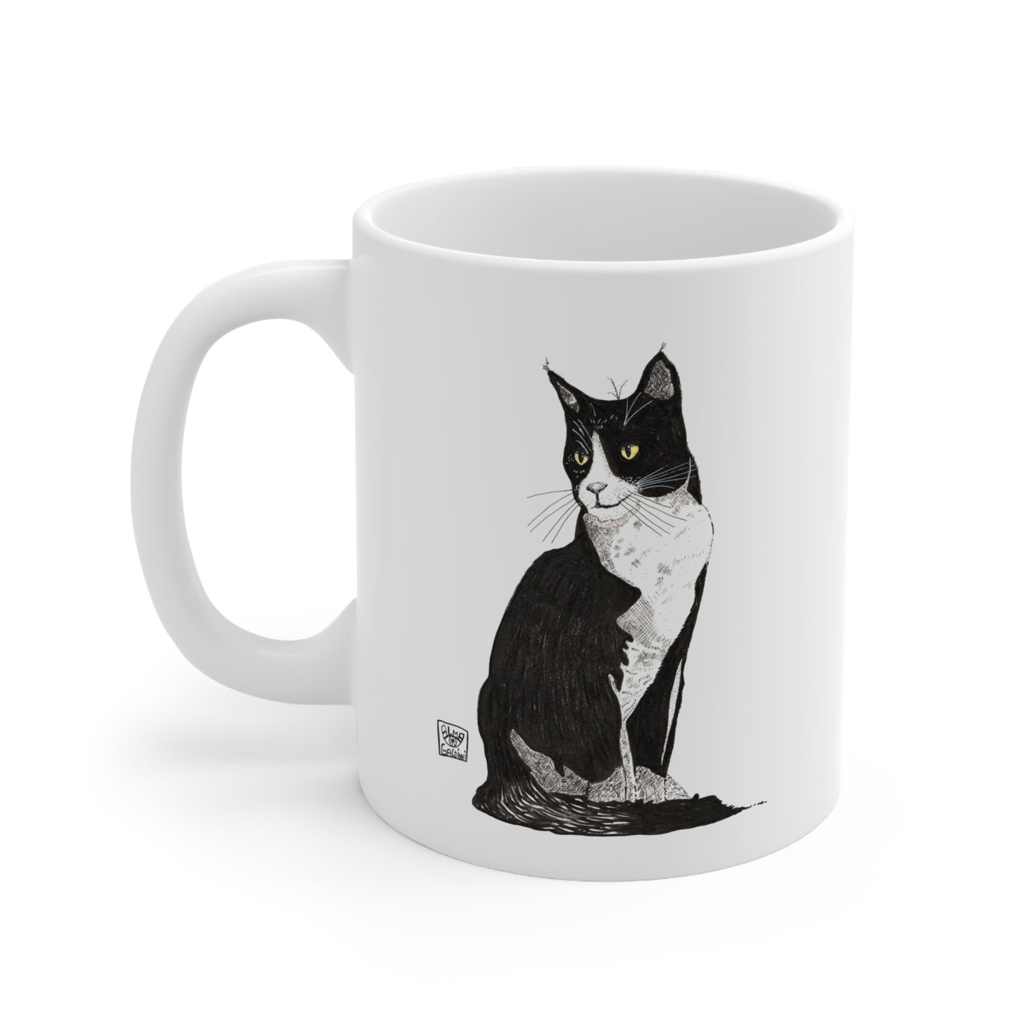 Black Cat Illustration Coffee Mug — Black & White Tuxedo Cat Ceramic Mug (11oz, 15oz)
