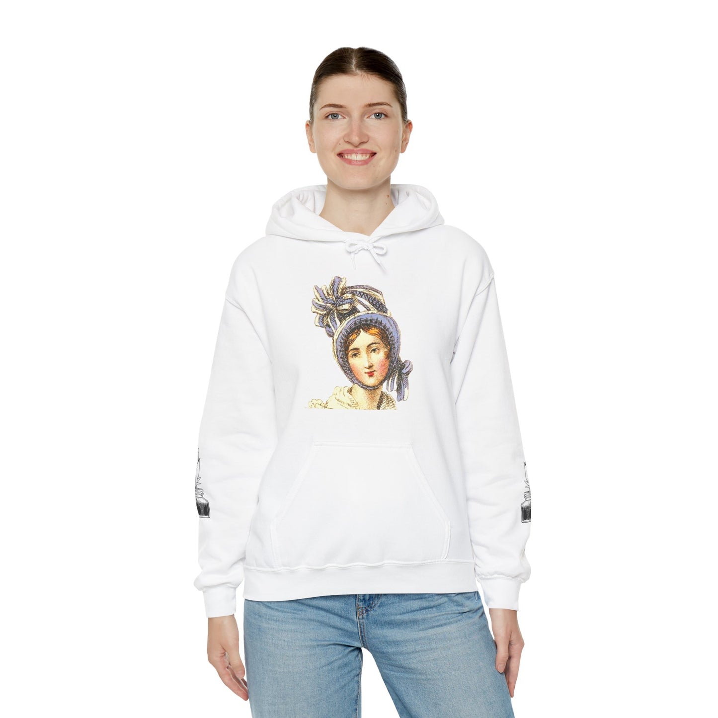 Jane Austen Artistic Hooded Sweatshirt, Cozy Layering, Women’s Fashion, Unique Gift, Everyday Wear, Art-Inspired Attire