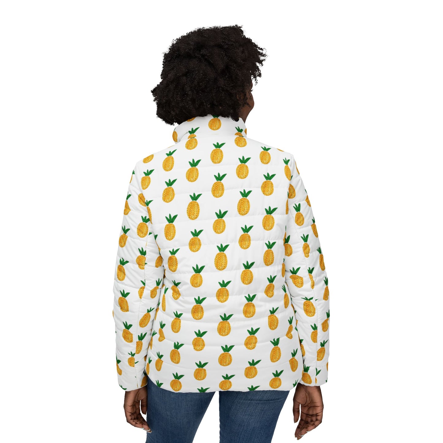 Pineapple Print Women's Puffer Jacket – All-Over White Tropical Coat