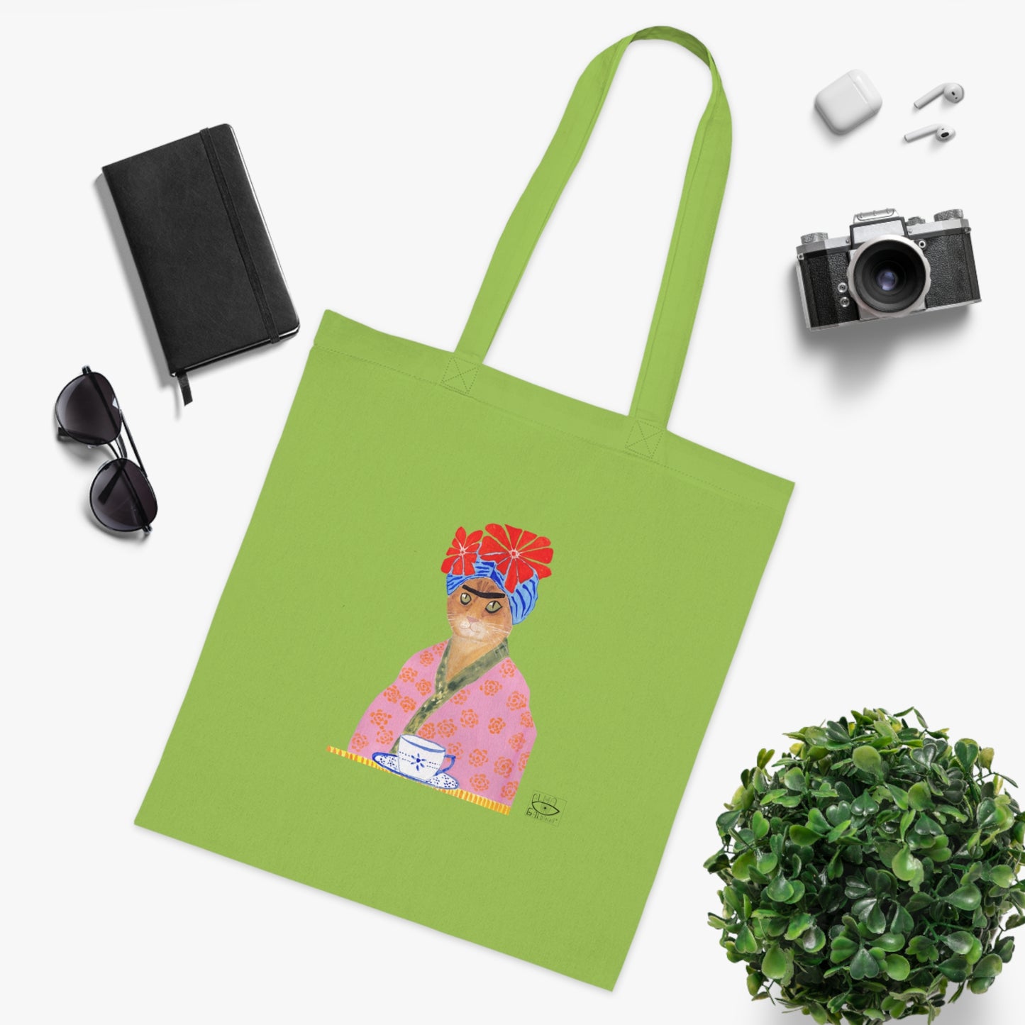 Frida Cat Cotton Tote Bag with Illustrated Woman Design