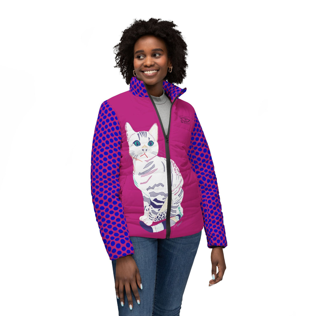 Chic Women’s Puffer Jacket with Cat Design - Modern and Cozy Outerwear for All Seasons