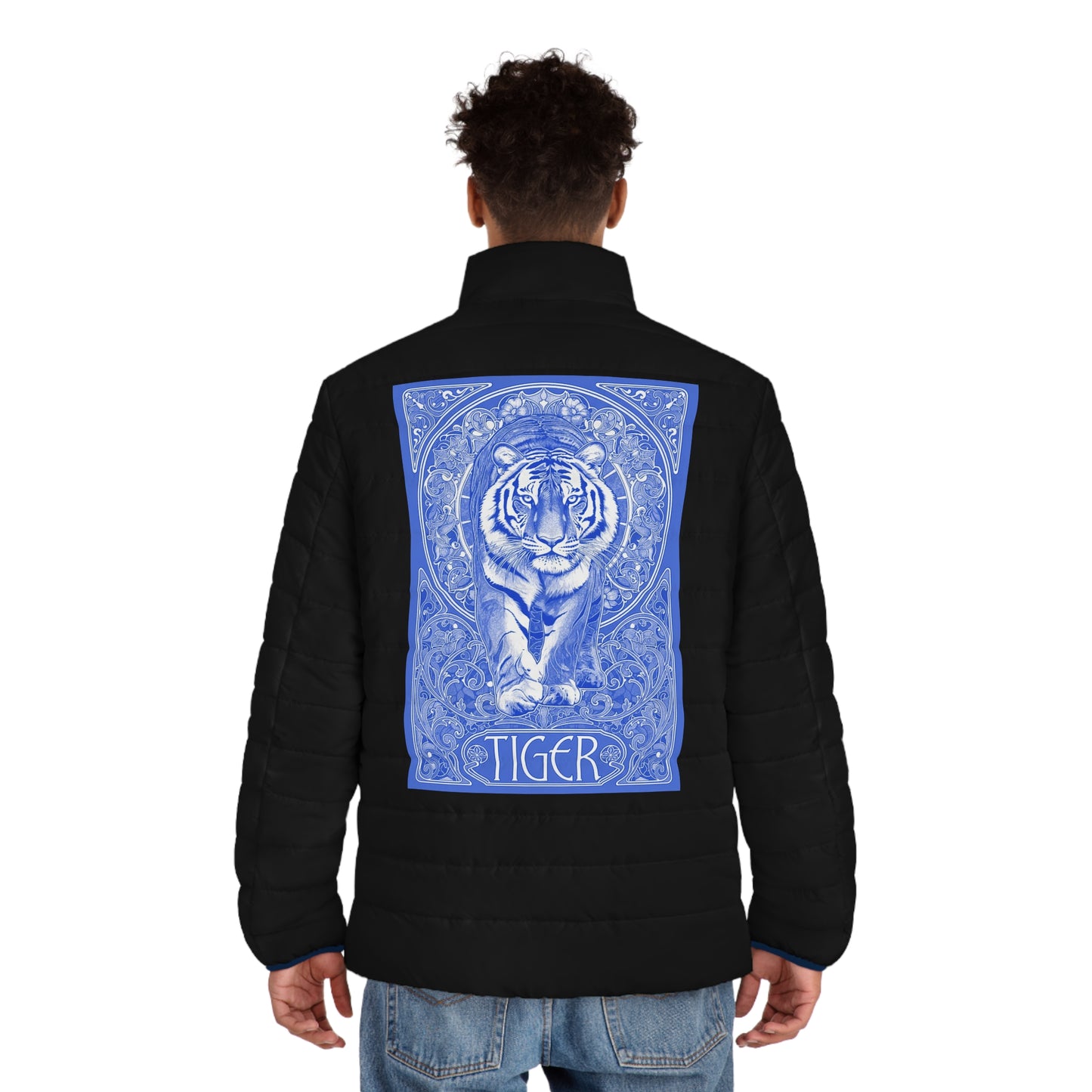 Art Nouveaux blue Tiger Men's Puffer Jacket (AOP)