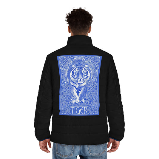 Art Nouveaux blue Tiger Men's Puffer Jacket (AOP)