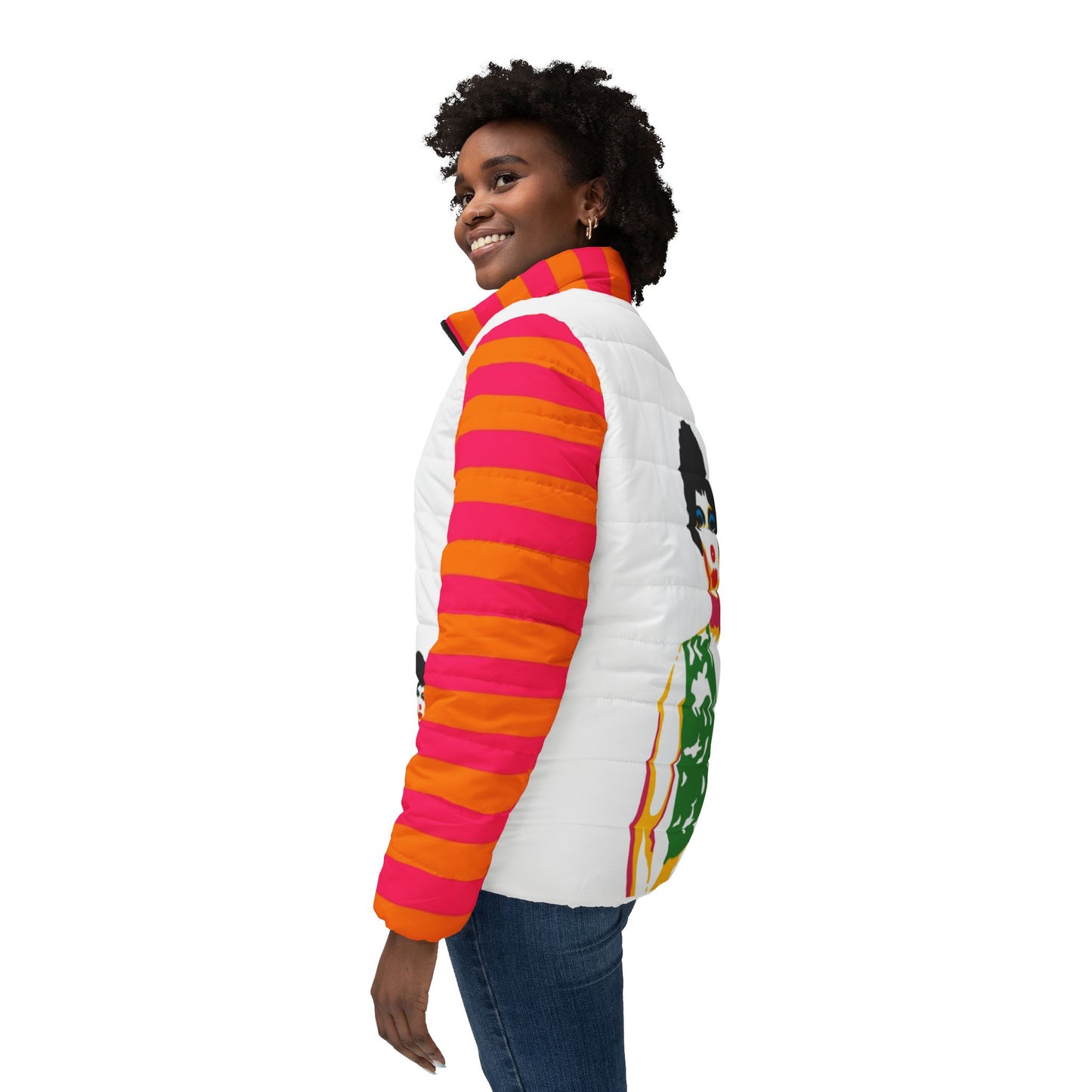Retro Pop Art clown Puffer Jacket — Colorful Striped Sleeves with Bold Female Portrait