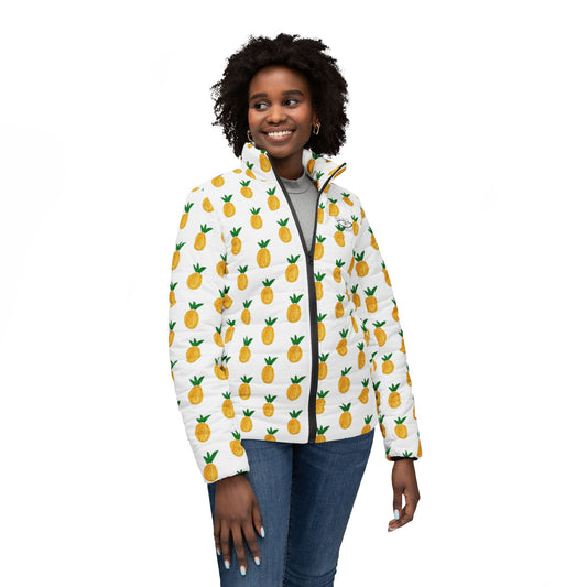 Pineapple Print Women's Puffer Jacket – All-Over White Tropical Coat