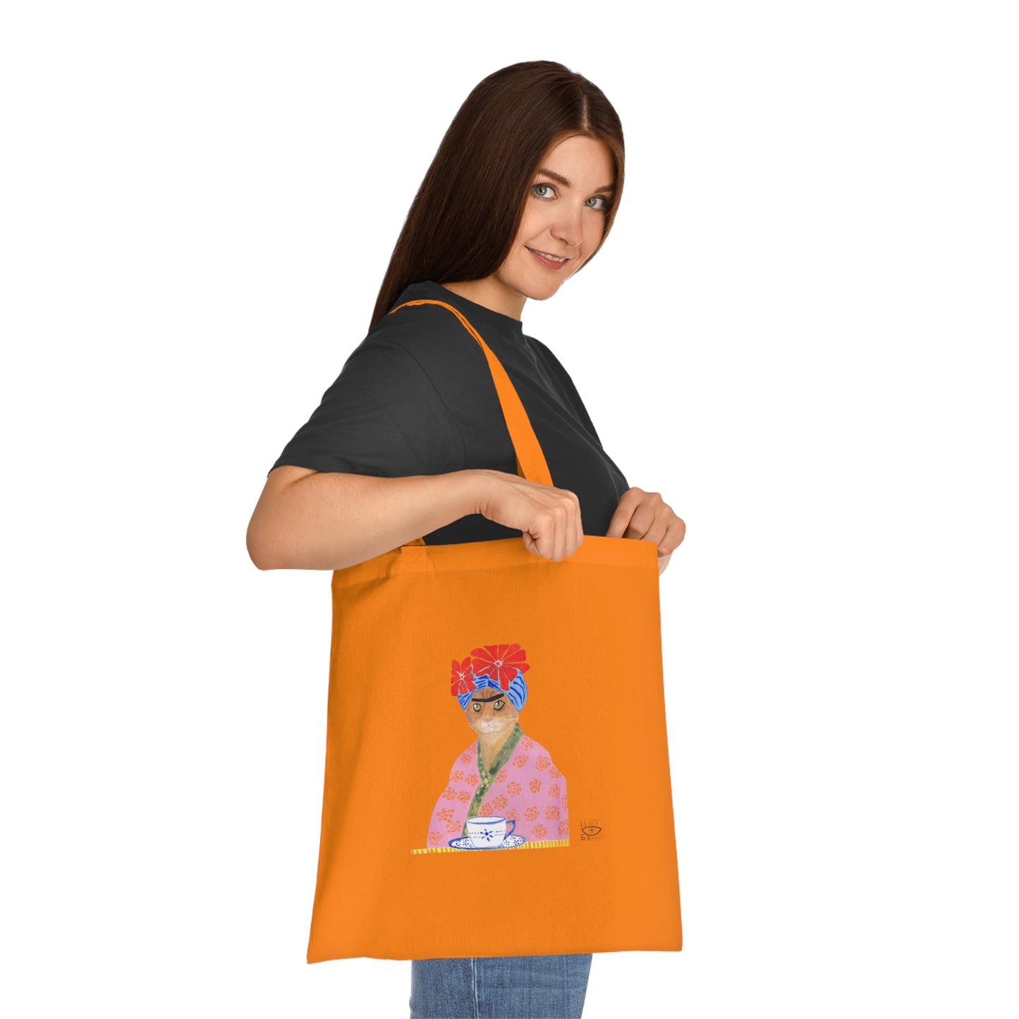 Frida Cat Cotton Tote Bag with Illustrated Woman Design