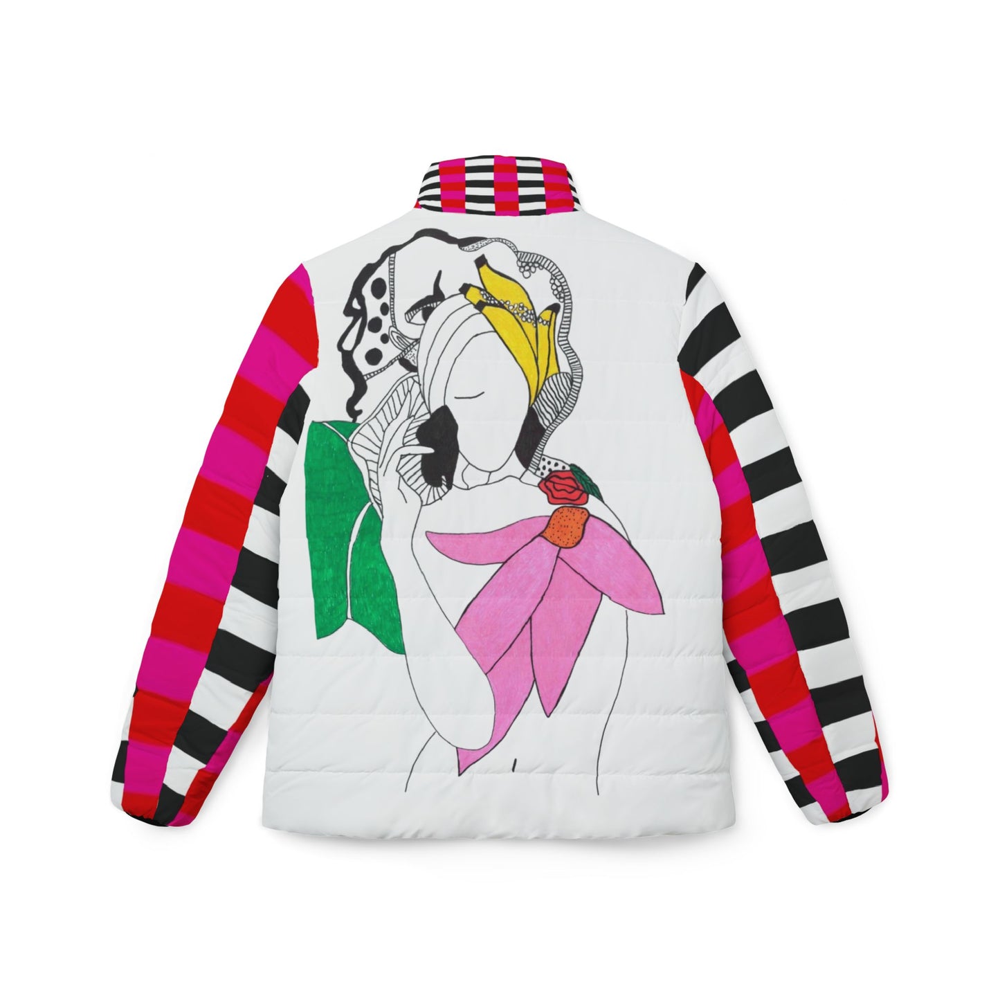 Women’s Puffer Jacket — Tropicalia Art Illustration, Bold Striped Sleeves