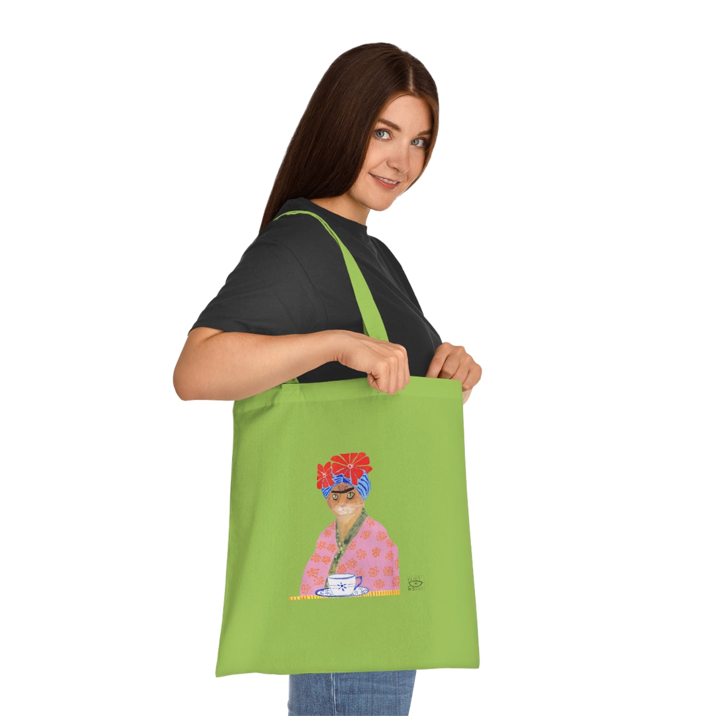Frida Cat Cotton Tote Bag with Illustrated Woman Design