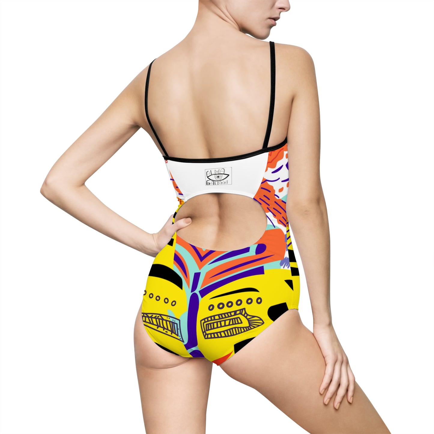 Cat Face Retro Print One-Piece Swimsuit — Bold Colorful Graphic Swimwear