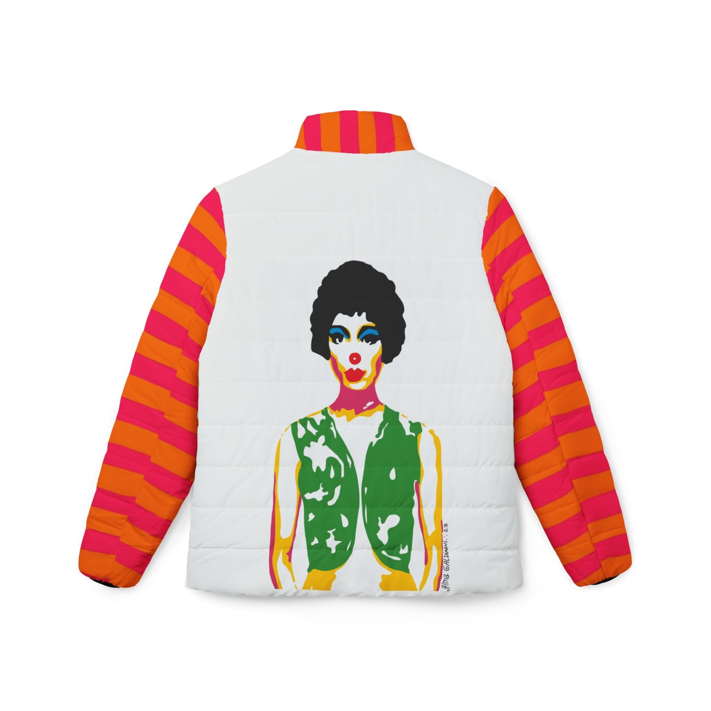 Retro Pop Art clown Puffer Jacket — Colorful Striped Sleeves with Bold Female Portrait