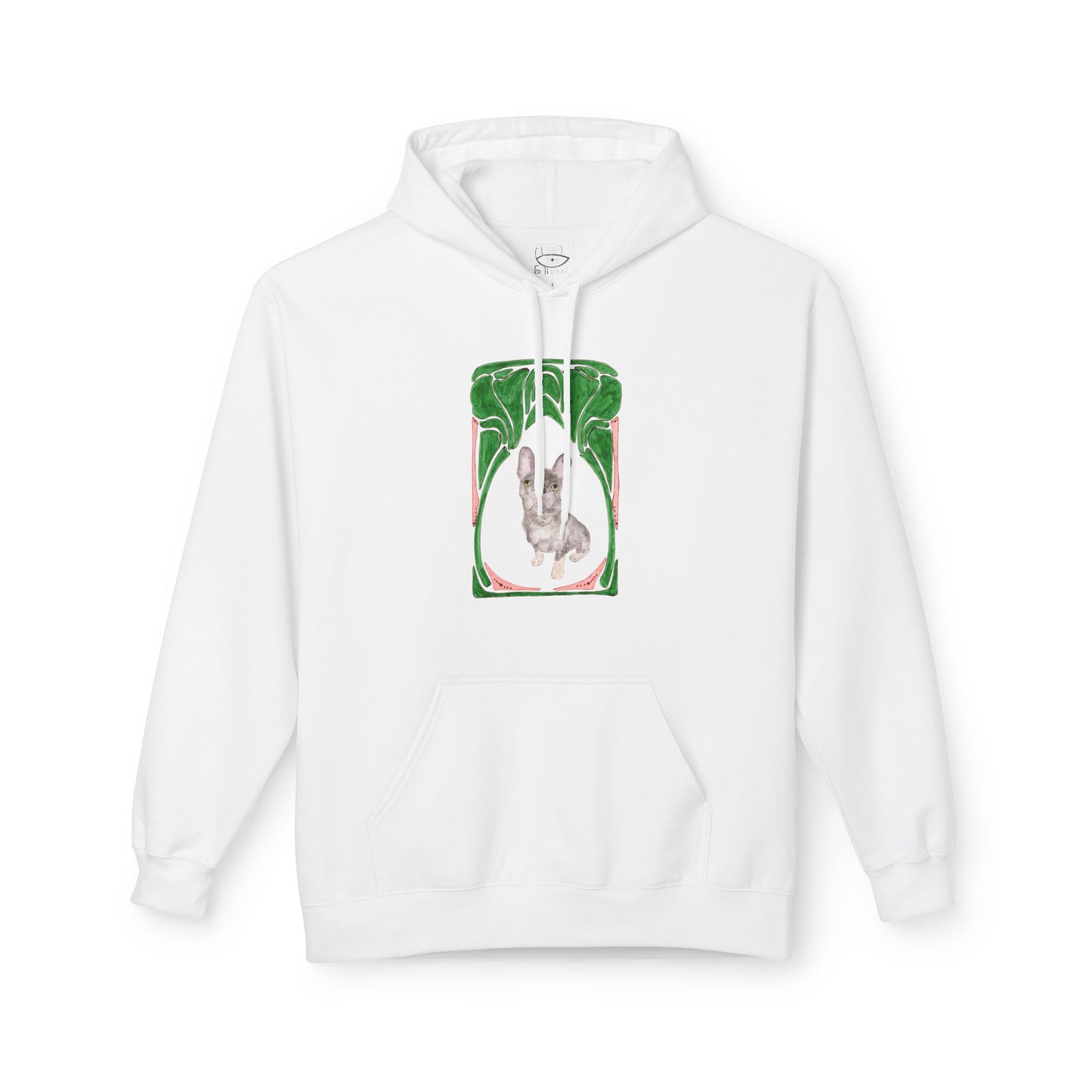 French Bulldog Art Hoodie — Watercolor  with Green Frame Back Print